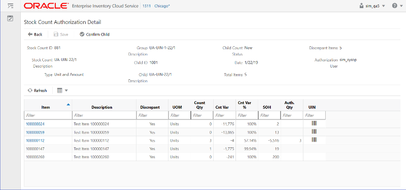 Stock Count Authorization Detail Screen
