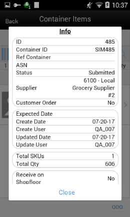 DSD Receiving Container Info Screen