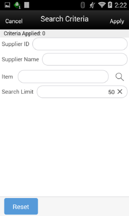 Supplier Search Criteria Screen