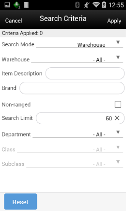Search Mode: Warehouse