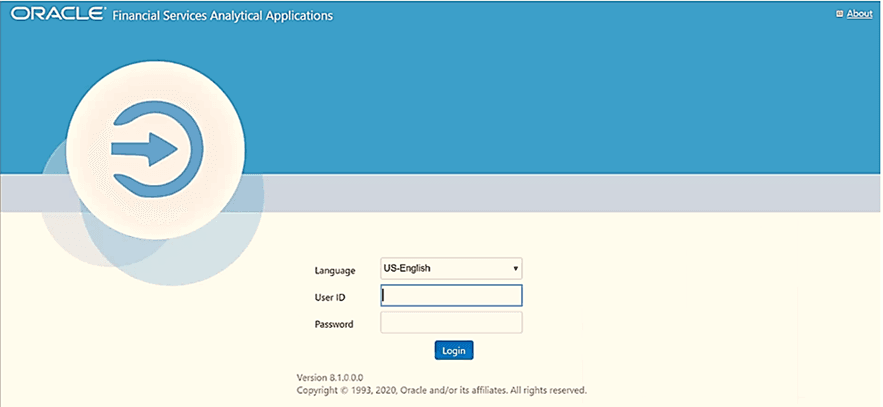 Description of the OFSAA Login Window follows This illustration shows OFSAA Login Window. Select the language and enter the User ID and Password to login.