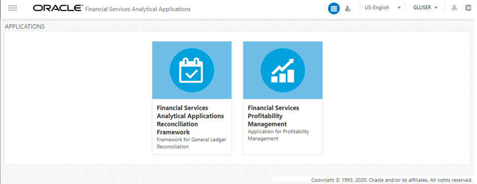 Description of the OFSAA Landing screen follows This illustration shows OFSAA Landing screen. This is a common landing page for all users until a preferred application landing page is set by the user.