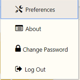 Description of the User Menu follows This illustration shows User Menu. The User menu icon displays the Preferences, About, Change Password, and Log Out.