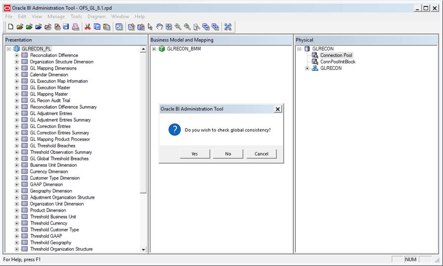 This illustration shows steps to configure the Connection Pool of the repository. Click Yes to acknowledge the message: Do you want to check global consistency?