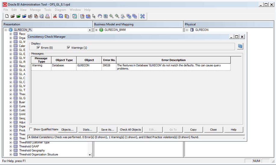 This illustration shows steps to configure the Connection Pool of the repository. Click OK to acknowledge the confirmation message: Consistency check didn�t find any errors, warning or best practices violations.