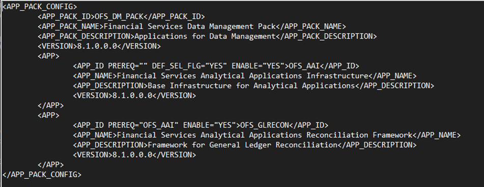 This illustration shows the sample of the OFS_DM_PACK.xml file.