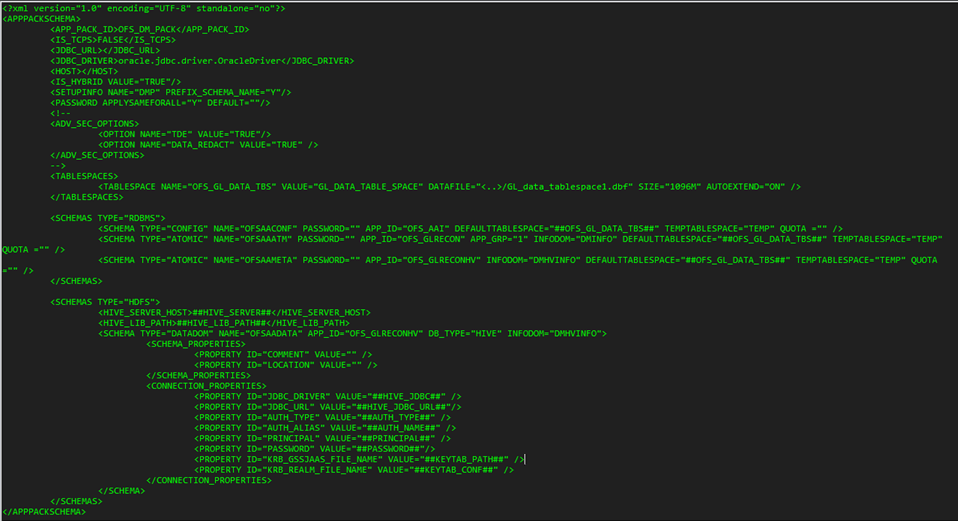 This illustration shows the sample of the OFS_DM_SCHEMA_BIGDATA_IN.xml file.
