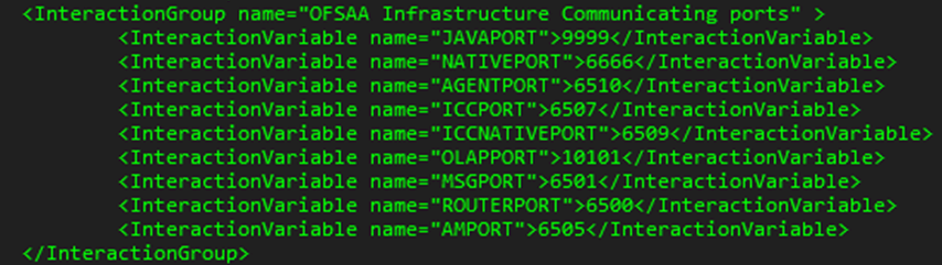 This illustration shows Significance and Expected Value of the InteractionGroup name="OFSAA Infrastructure Communicating ports". These ports are used internally by the various OFSAA Infrastructure services. The default values mentioned are set in the installation. To specify a different value, update the parameter value accordingly, and ensure the port value is in the range of 1025 to 65535 and the respective port is enabled.