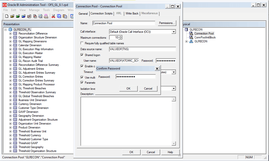 This illustration shows steps to configure the Connection Pool of the repository. Double-click Connection Pool to open the Connection Pool Properties window, enter the atomic schema user password in the Password text box, and click OK.
