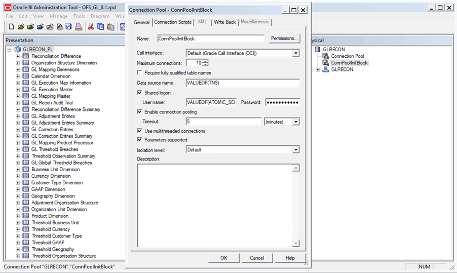 This illustration shows steps to configure the Connection Pool of the repository. Double-click Initialization Blocks to open the Connection Pool Properties window, enter the atomic schema user password in the Password text box, and click OK.