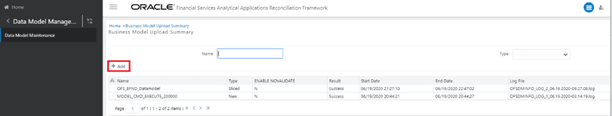Description of the Business Model Upload Summary Page This illustration shows the Business Model Upload Summary Page that the user can use to Add and upload the model.