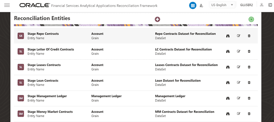 This illustration displays the Reconciliation Entities page, when you navigate from the Financial Services Analytical Applications Reconciliation Framework Navigation List, select Reconciliation Framework, select Setup, and then select Entity Configuration.