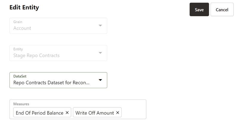 This illustration shows the Edit Entity Window. You can modify the entity settings, the Edit functionality is only enabled for DataSet and Measures.