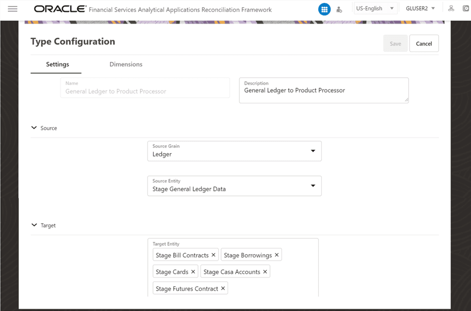This illustration shows the Settings page of General Ledger to Product Processor configuration type. You can edit the Source Grain and Source Entity from the Source section and Target Grain and Target Entity from the Target section.