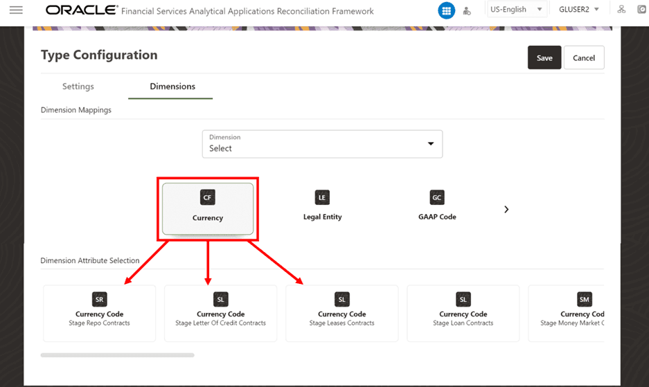 This illustration shows the Dimension page of the General Ledger to Product Processor configuration type. You can view the corresponding mappings of the Entities present in the Dimension mapping section are displayed with the selected dimension attributes in a read-only mode.