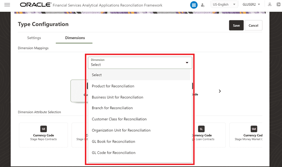 This illustration shows the Dimension page of the General Ledger to Product Processor configuration type. You can edit the corresponding mappings of the Entities present in the Dimension mapping section when you click the Select Dimension drop-down list in this section. You can select the optional dimensions such as Product, Organization Unit, etc and map these dimensions to the Reconciliation type.