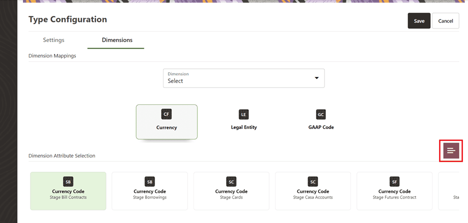 This illustration shows that to add optional Dimension Attributes, select any of the entities within the Dimension Attributes section to enable the Attribute icon as highlighted in this image.