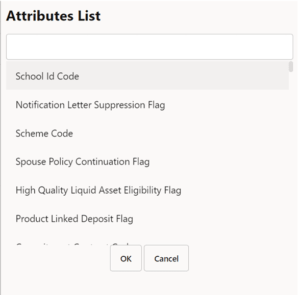 This illustration shows the Attributes list that displays the list of the attributes that can be associated with the selected Dimension Attributes. The attribute list shows the combined attributes for all the Stage tables selected. Select the attributes and click OK.