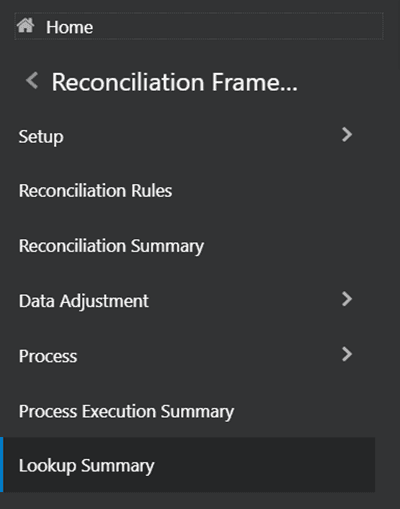 This illustration shows the Reconciliation framework application link to open the Lookup Entity Summary page.