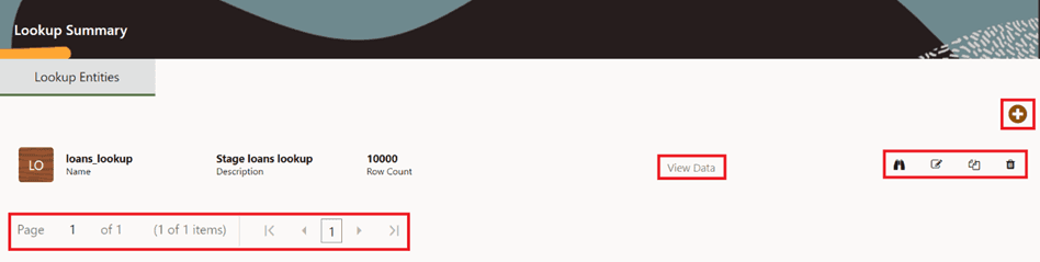 This illustration shows the Lookup Entity Summary page. Highlighting the various options can be performed on this page like Add, View, Edit, Copy, Delete, View Data, and navigating through the pagination.