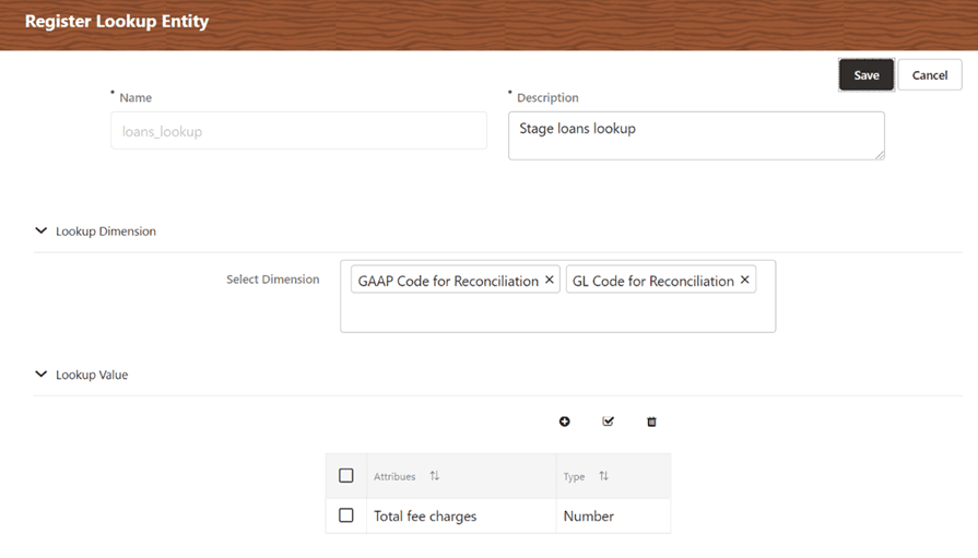 This illustration displays the Edit Register Lookup Entity Window. To modify the entity settings, the edit functionality is enabled for Description, Lookup Dimension, and Lookup Value, as shown in this illustration.