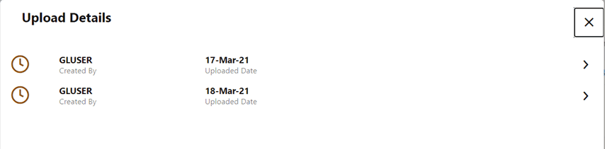 This illustration displays the Upload Details for Lookup Entity. It displays all the dates for which data has been uploaded for the given lookup entity. Users can click on any date and download the data on that date.