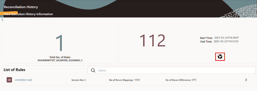This illustration displays the two panels appearing on the right side of the Reconciliation History page. When you click one execution, it gives a high-level summary of that particular execution. The first panel provides the details about the number of definitions executed in that execution and the second panel provides the time taken for that execution in seconds along with the Start and End timestamps.