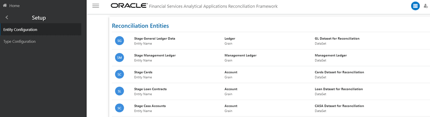 This illustration displays the Reconciliation Entities page, when you navigate from the Financial Services Analytical Applications Reconciliation Framework Navigation List, select Reconciliation Framework, select Setup, and then select Entity Configuration.