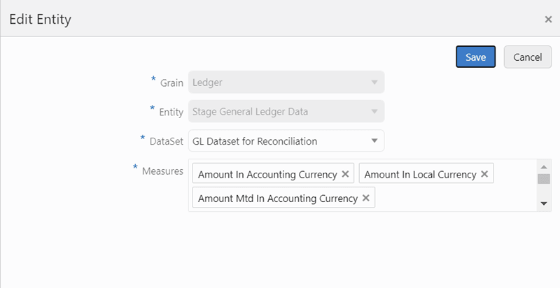 This illustration shows the Edit Entity Window. You can modify the entity settings, the Edit functionality is only enabled for DataSet and Measures.