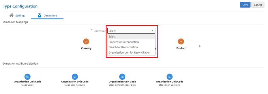 This illustration shows the Dimension page of the General Ledger to Product Processor configuration type. You can edit the corresponding mappings of the Entities present in the Dimension mapping section when you click the Select Dimension drop-down list in this section. You can select the optional dimensions such as Product, Organization Unit, etc and map these dimensions to the Reconciliation type.