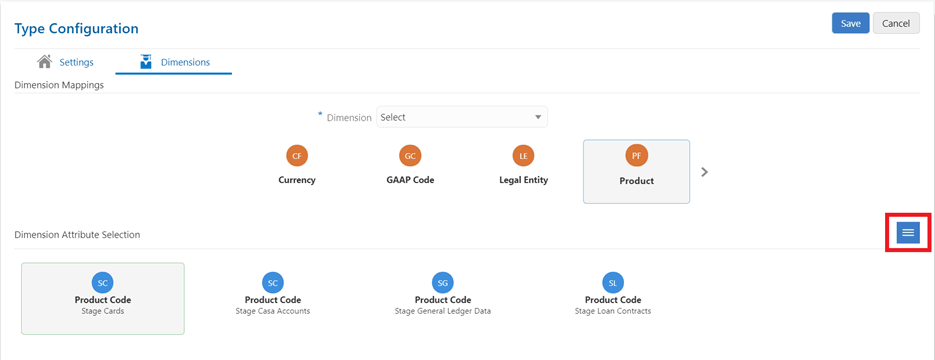 This illustration shows that to add optional Dimension Attributes, select any of the entities within the Dimension Attributes section to enable the Attribute icon as highlighted in this image.