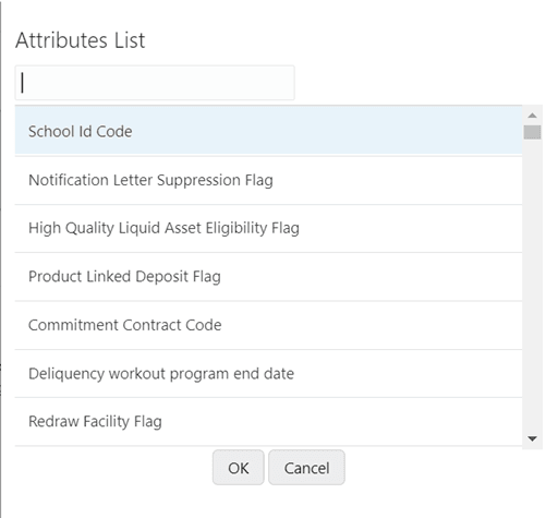 This illustration shows the Attributes list that displays the list of the attributes that can be associated with the selected Dimension Attributes. The attribute list shows the combined attributes for all the Stage tables selected. Select the attributes and click OK.