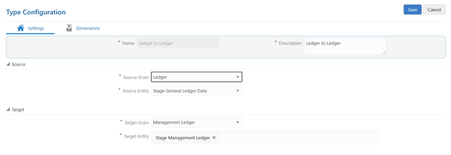 This illustration shows the Settings page of Ledger to Ledger configuration type. You can edit the Source Grain and Source Entity from the Source section and Target Grain and Target Entity from the Target section.