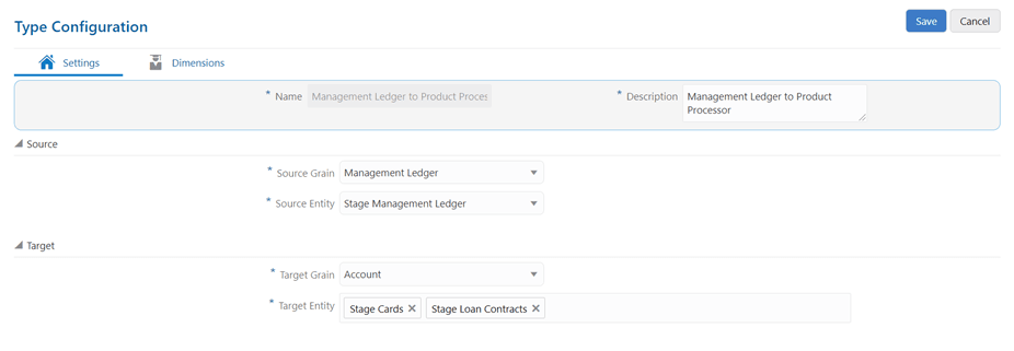 This illustration shows the Settings page of Management Ledger to Product Processor configuration type. You can edit the Source Grain and Source Entity from the Source section and Target Grain and Target Entity from the Target section.