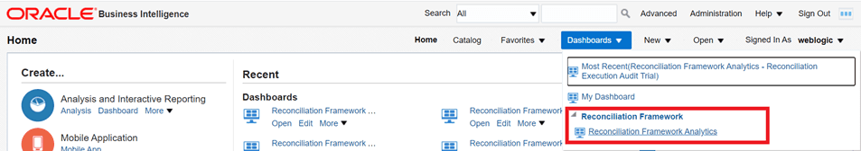 This illustration displays the Standard Reports and Dashboards Home page, click the dashboards drop-down menu containing the listing of all of the seeded dashboards that you can select for navigating to the desired location.