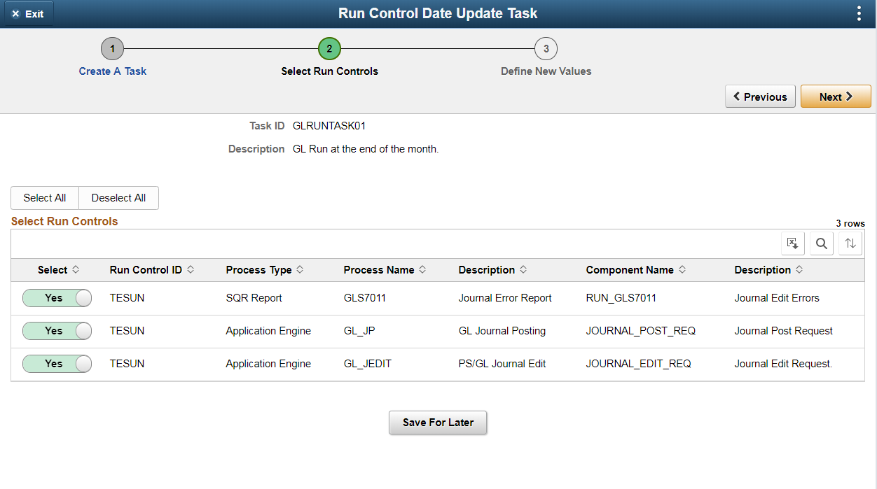 Select Run Controls page