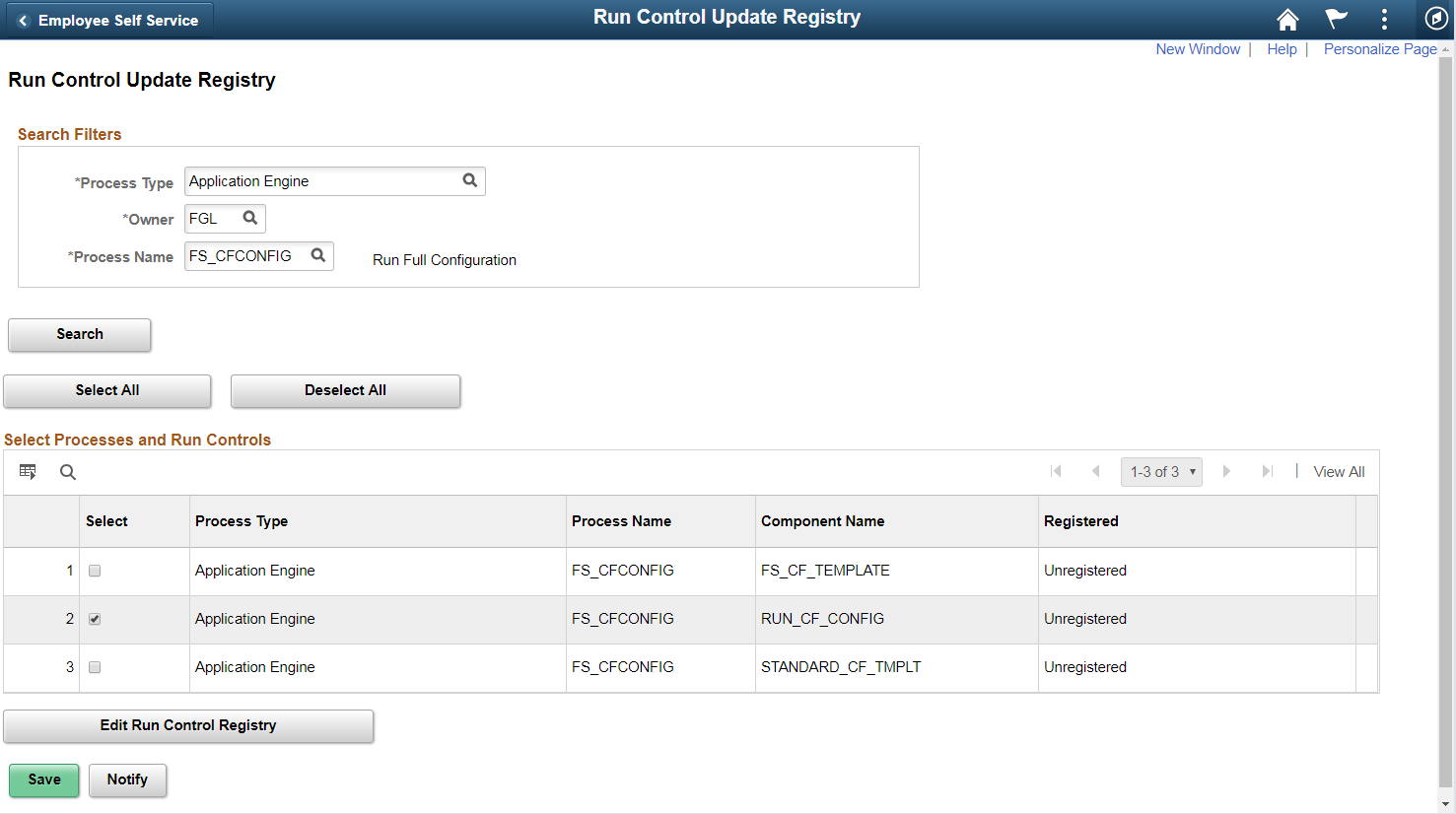 Run Control Update Registry page