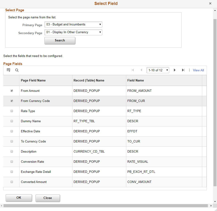 Selects Fields page