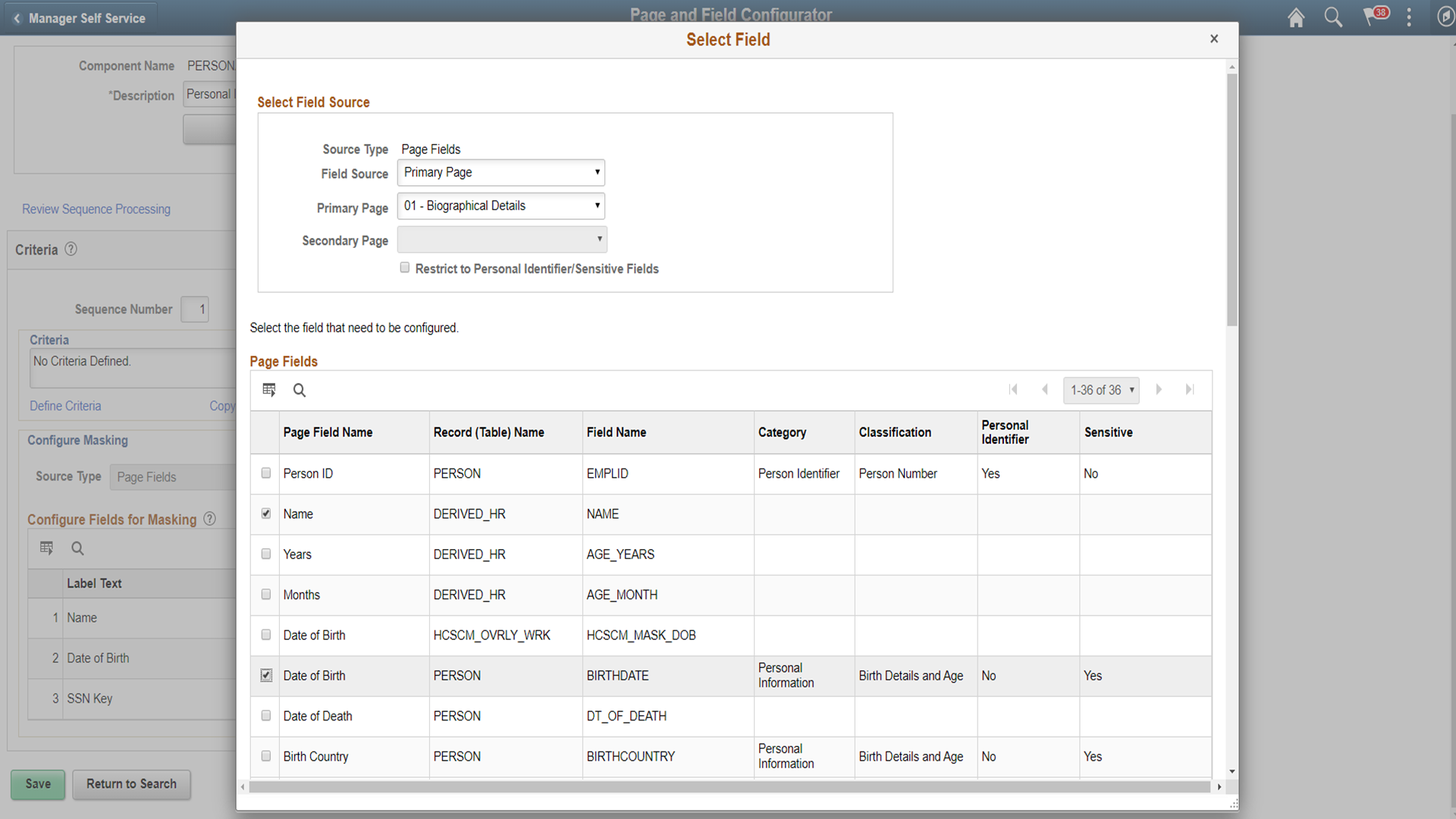 Select fields for masking