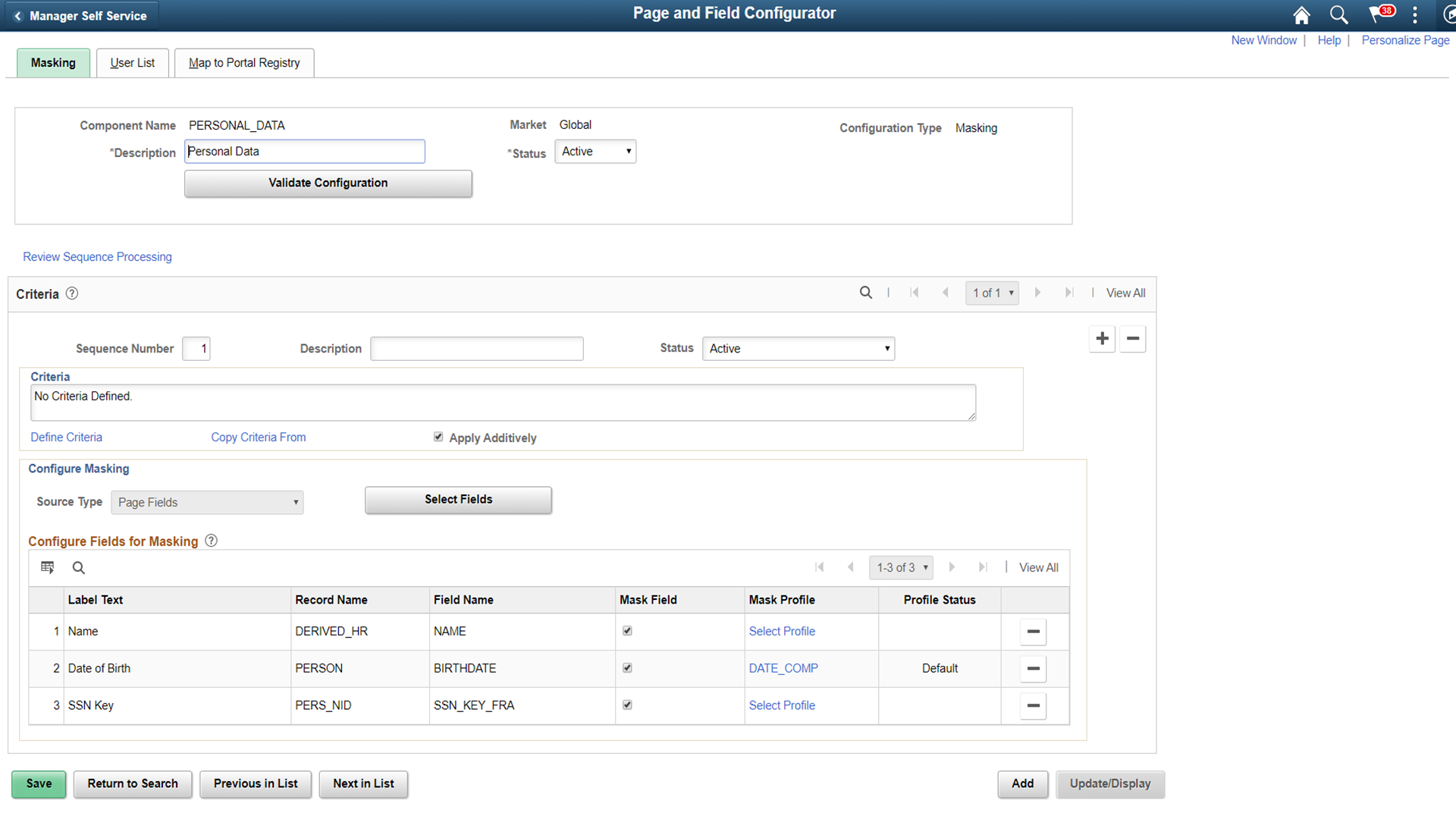 Masking page in Page and Field Configurator