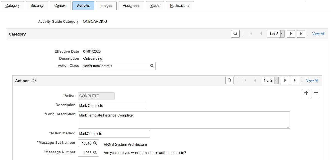 Categories - Actions page