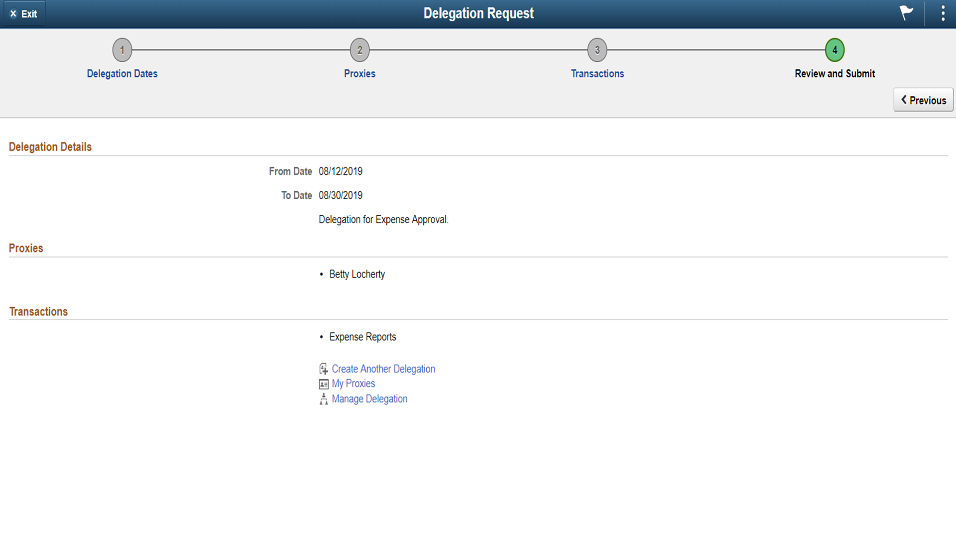 Create Delegation Request Confirmation screen