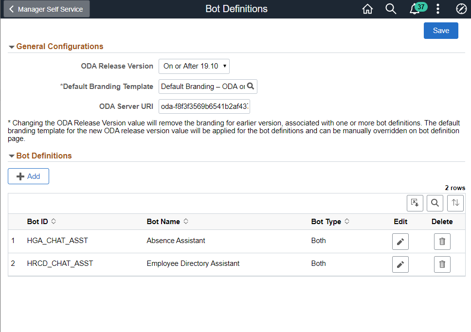 Bot Definitions page
