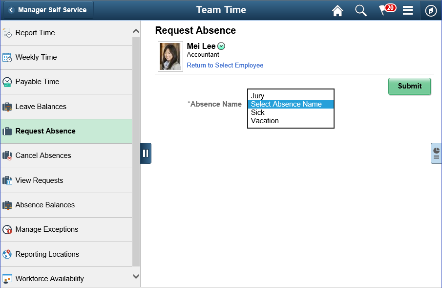 Request Absence page