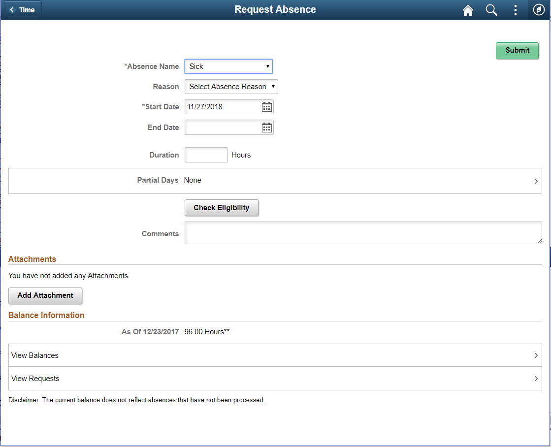 Request Absence Page