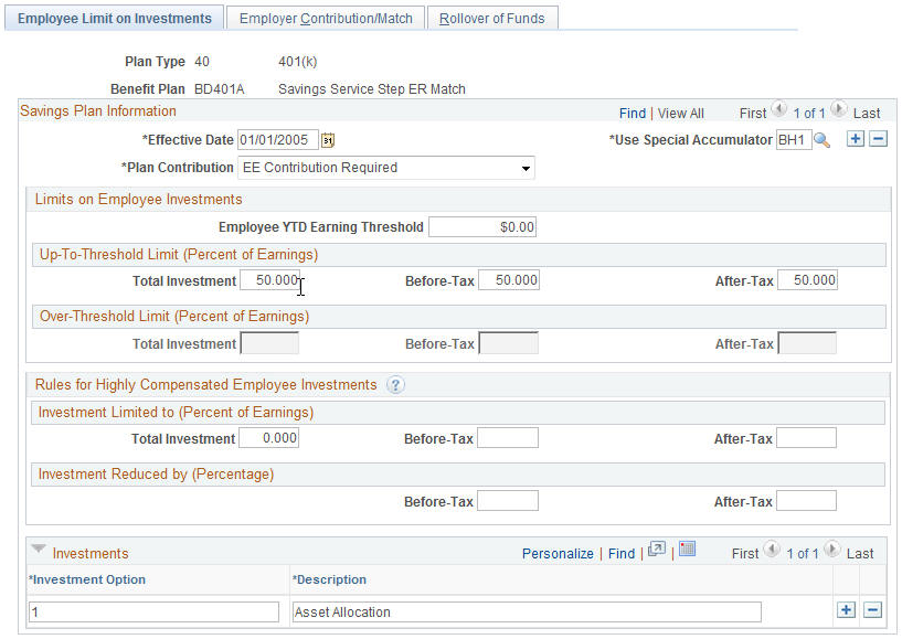 Employee Limit on Investments page