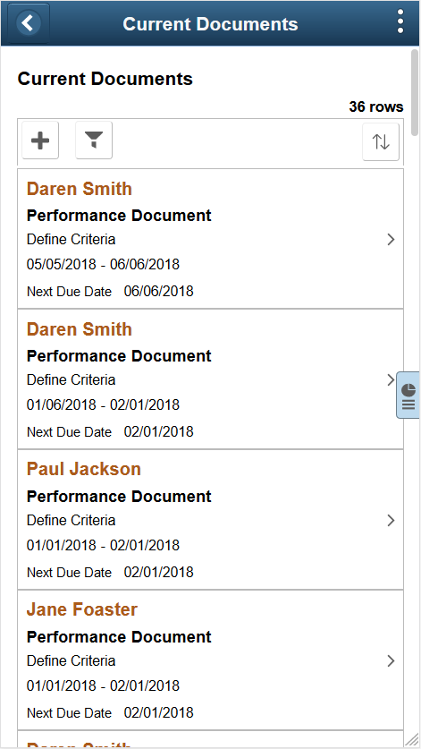 (Smartphone) Current Documents page (Team Performance)