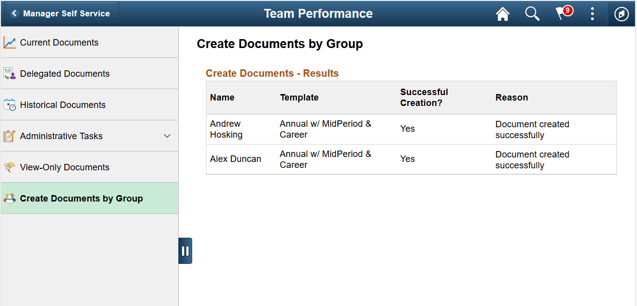 Create Documents by Group - Results page (Team Performance)