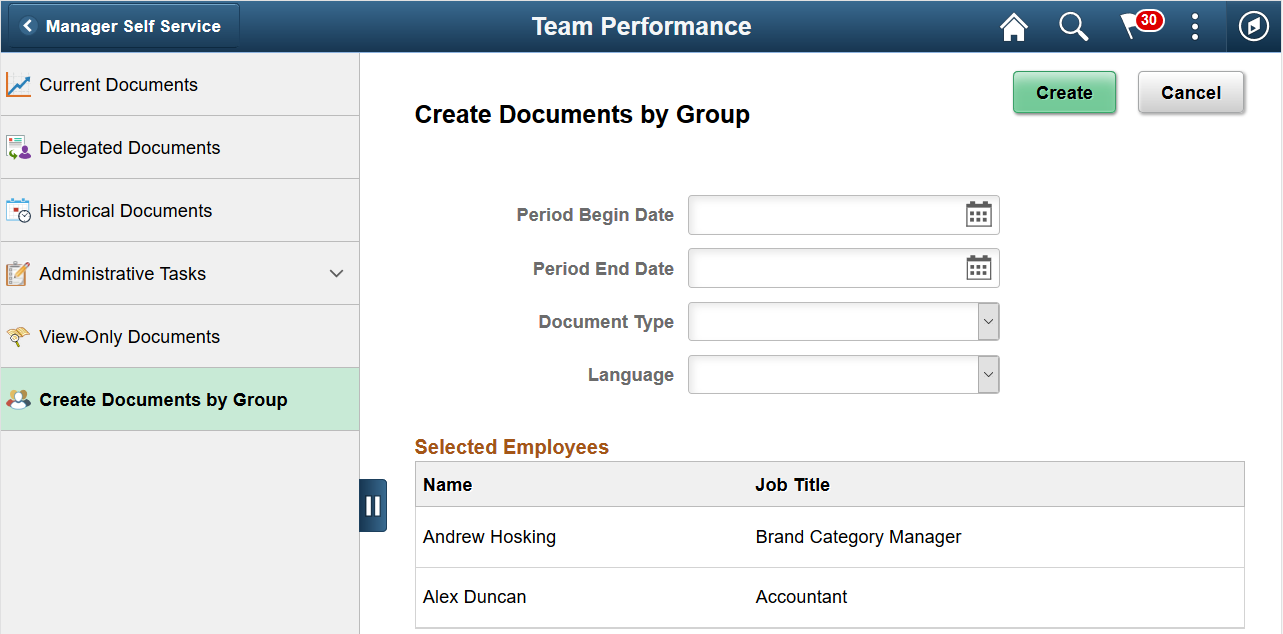 Create Documents by Group - Document Creation Details page (Team Performance)