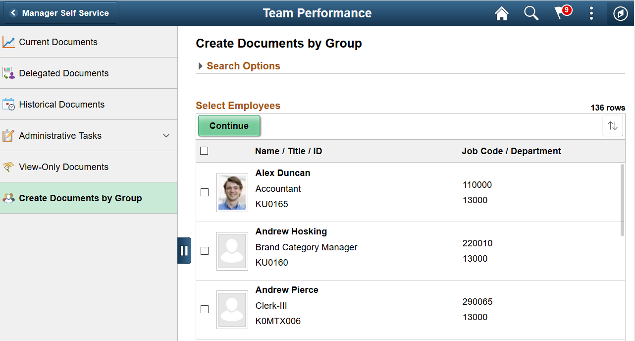 Create Documents by Group - Select Employees page (Team Performance)